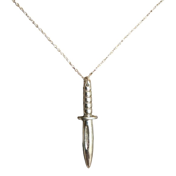 handmade Jewelry - Dainty Silver Plated Dagger Necklace, 22” long, Dainty Silver Rolo Chain